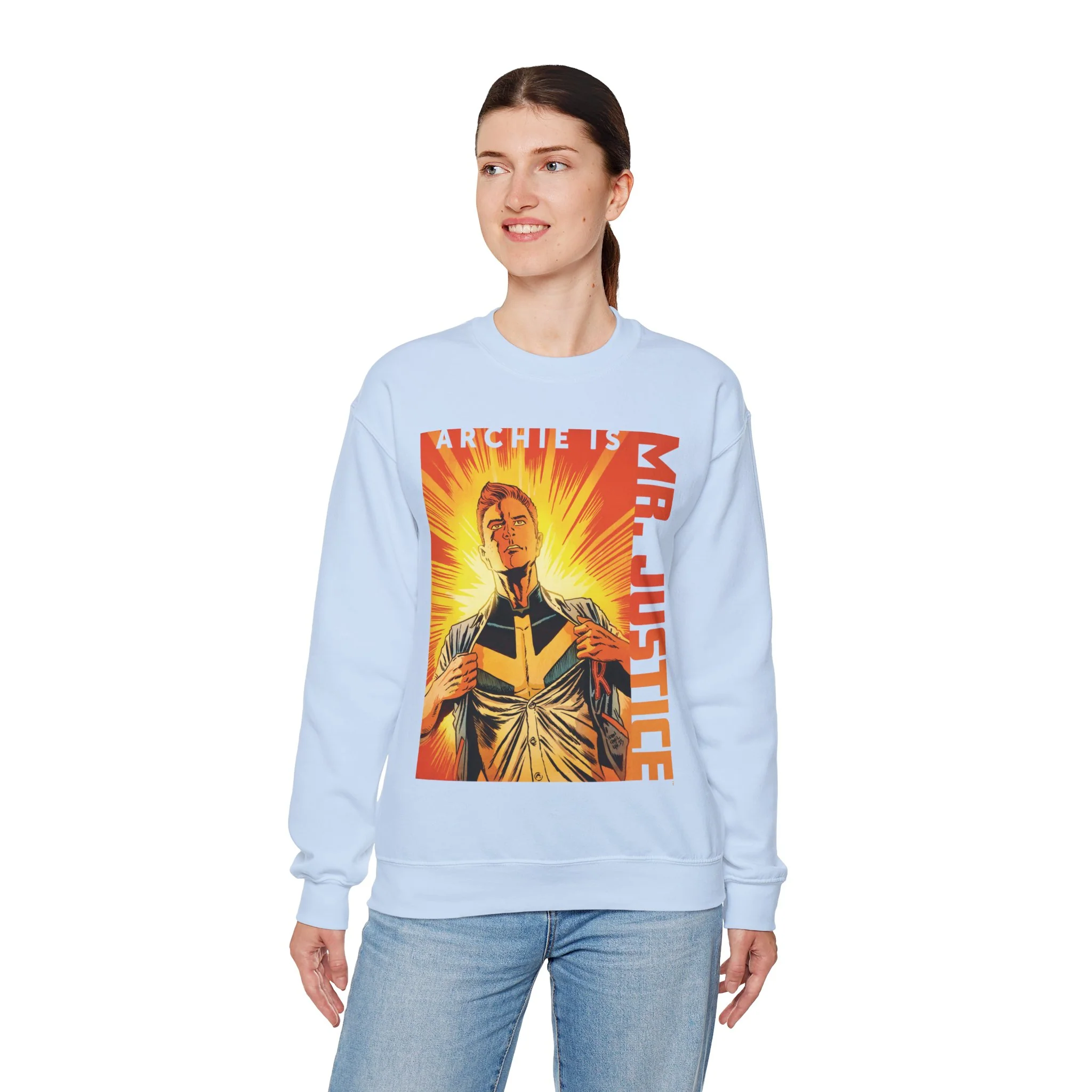 Archie is Mr Justice Sunburst Design Unisex Heavy Blend™ Crewneck Sweatshirt featuring Archie, Betty, Veronica, Jughead, Reggie, and Hot Dog - Image 22