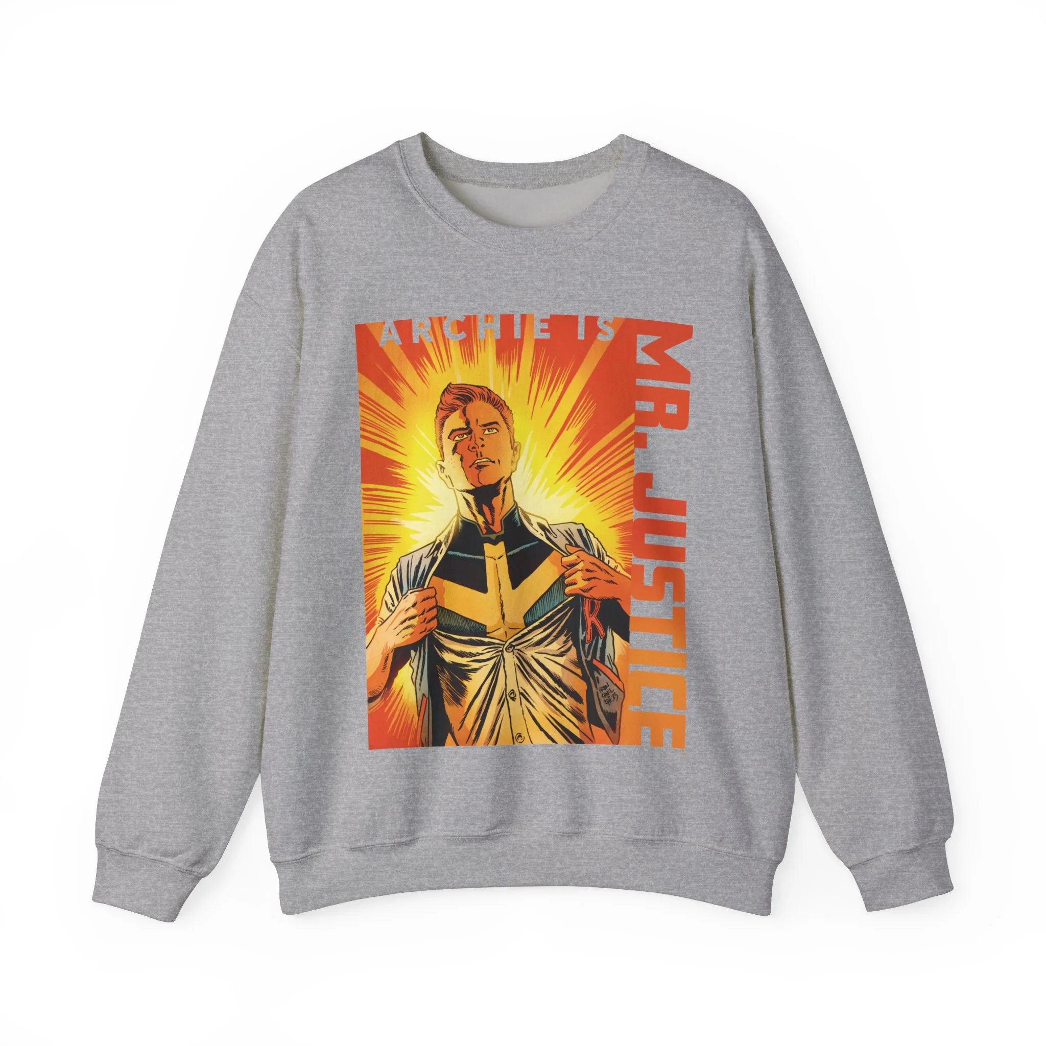 Archie is Mr Justice Sunburst Design Unisex Heavy Blend™ Crewneck Sweatshirt featuring Archie, Betty, Veronica, Jughead, Reggie, and Hot Dog - Image 6