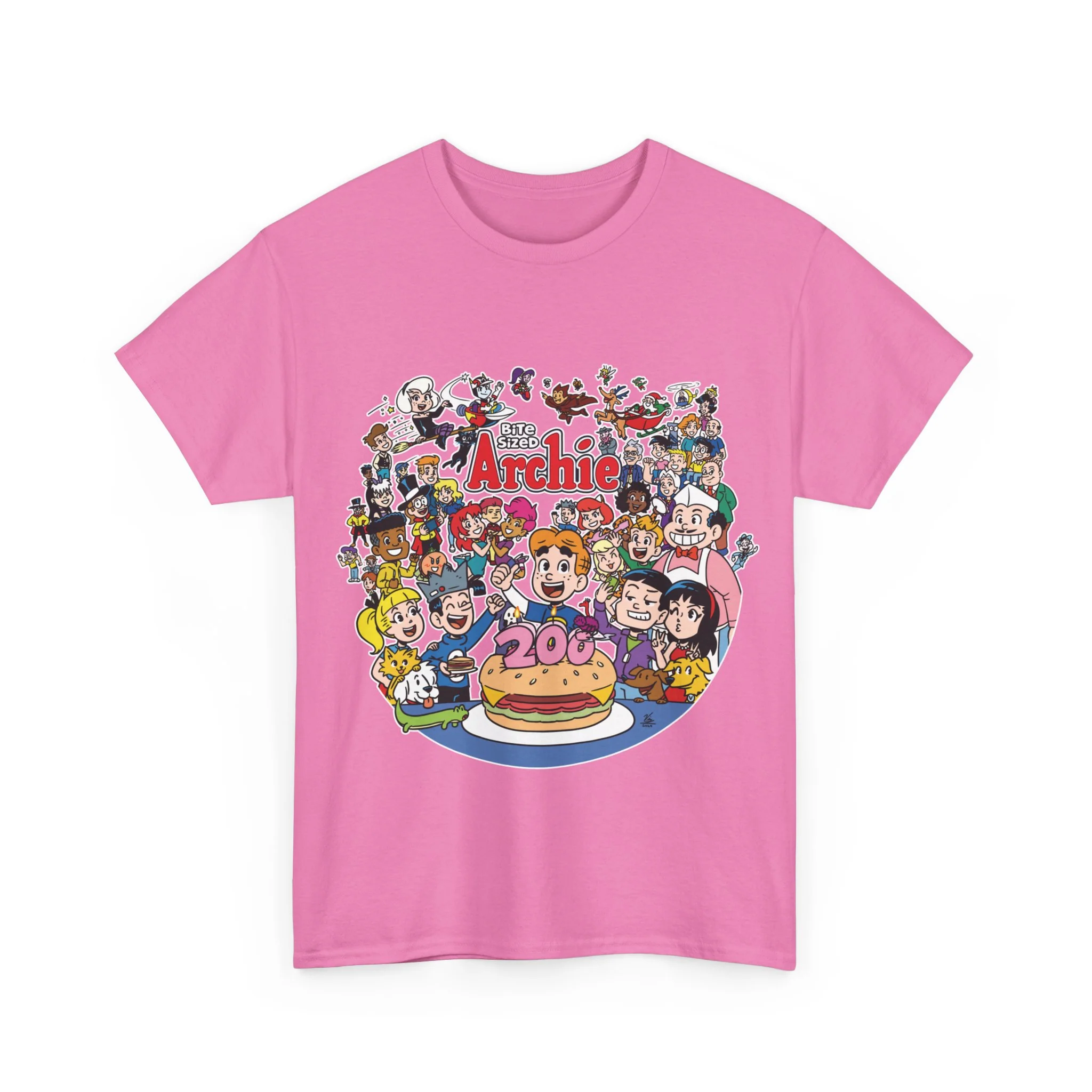 Bite Sized Archie 200th Story Graphic T-Shirt (Unisex Heavy Cotton Tee) featuring a Cheeseburger Cake - Image 14