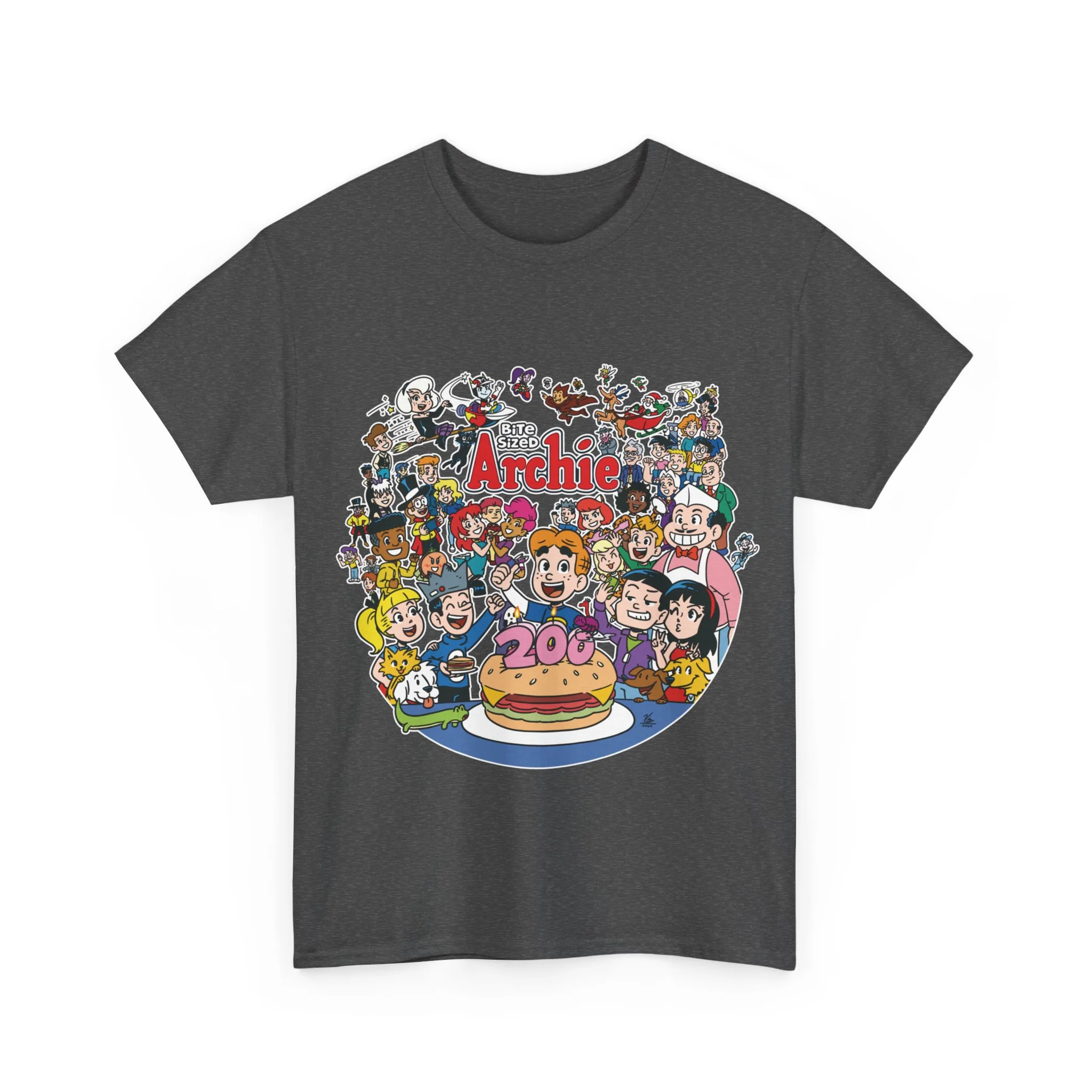 Bite Sized Archie 200th Story Graphic T-Shirt (Unisex Heavy Cotton Tee) featuring a Cheeseburger Cake - Image 9