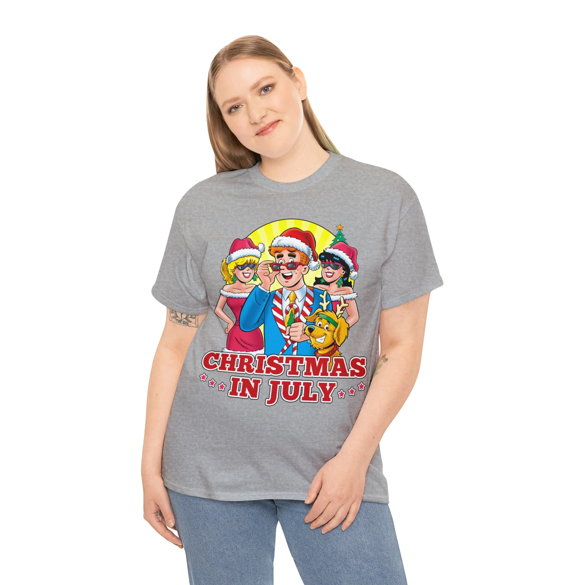 Christmas in July Graphic Tee (Unisex Heavy Cotton Tee) featuring Archie, Betty, and Veronica - Image 100
