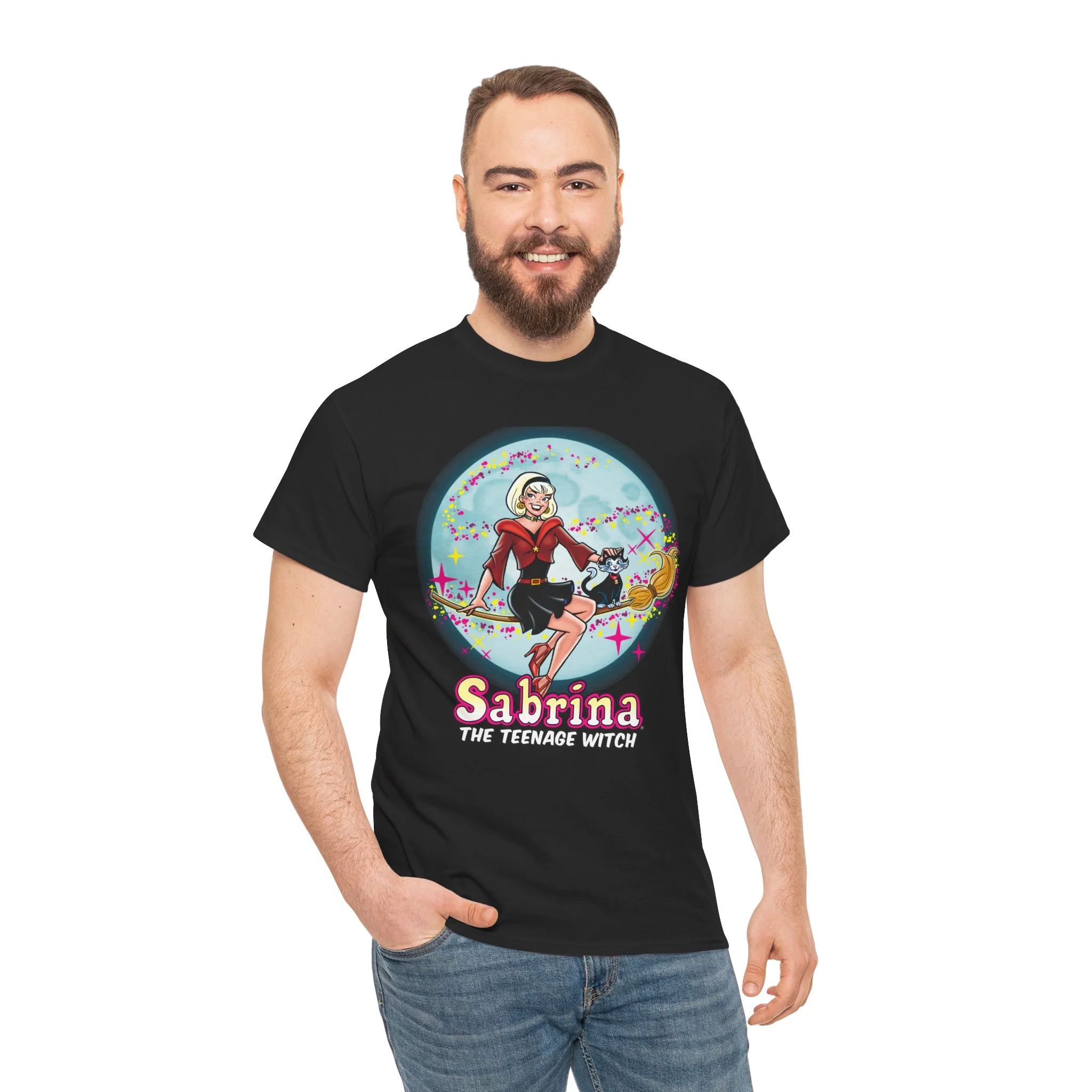 Sabrina The Teenage Witch on Broom Modern Design Graphic Tee (Unisex Heavy Cotton Tee) with Salem - Image 10