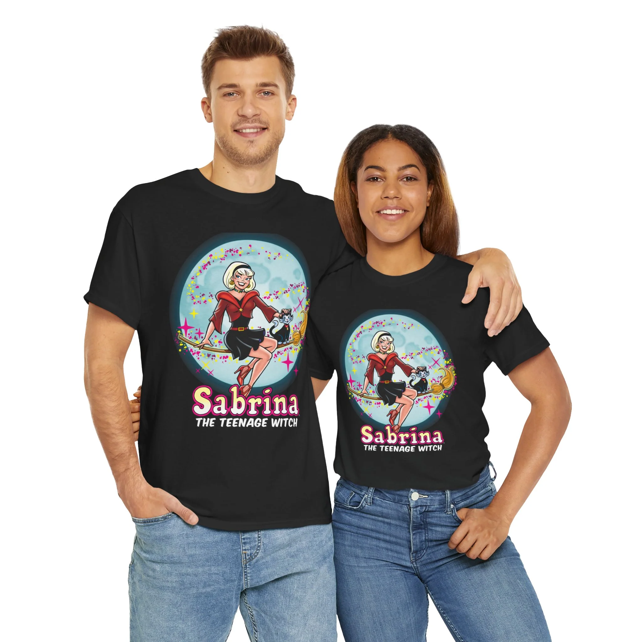 Sabrina The Teenage Witch on Broom Modern Design Graphic Tee (Unisex Heavy Cotton Tee) with Salem - Image 11