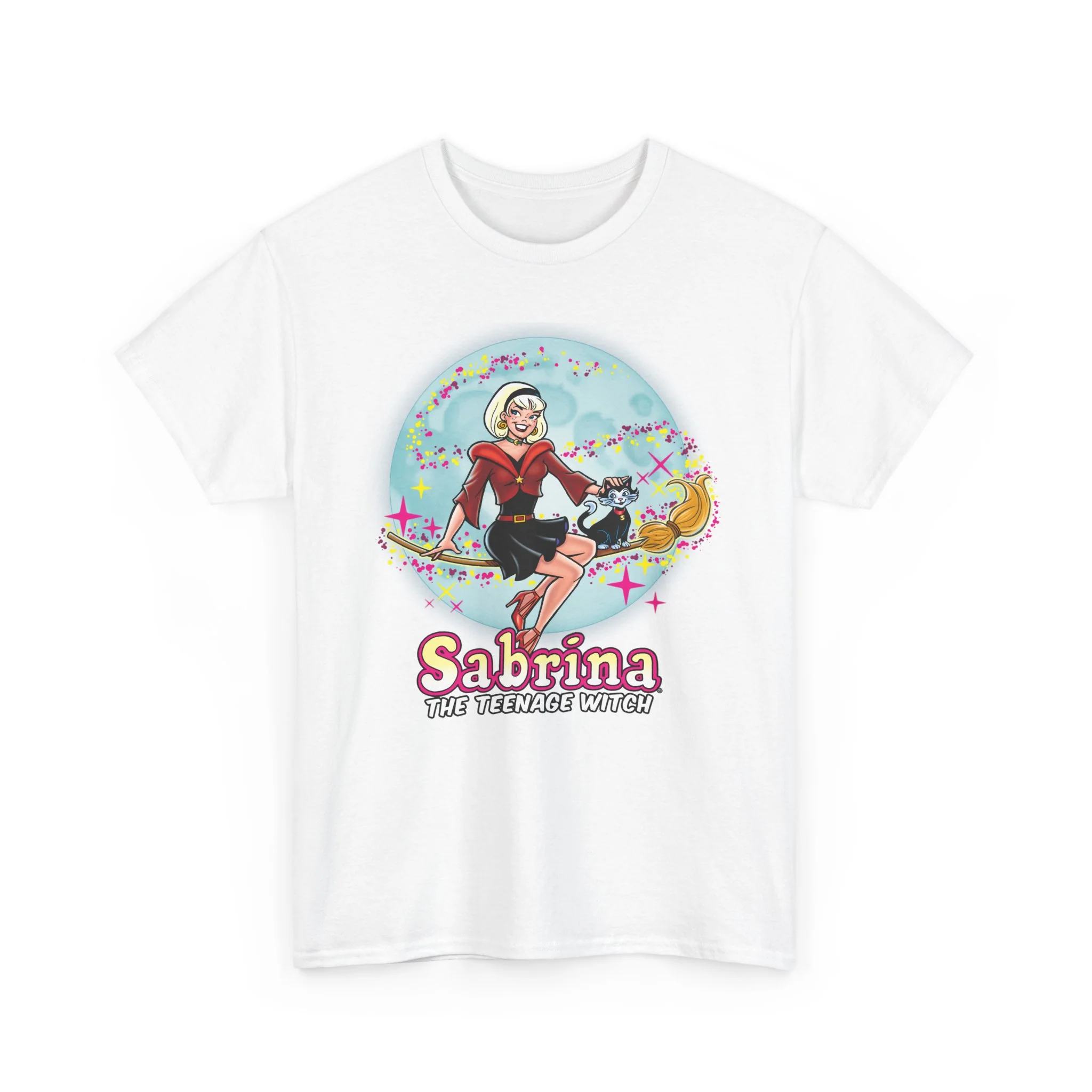 Sabrina The Teenage Witch on Broom Modern Design Graphic Tee (Unisex Heavy Cotton Tee) with Salem - Image 13