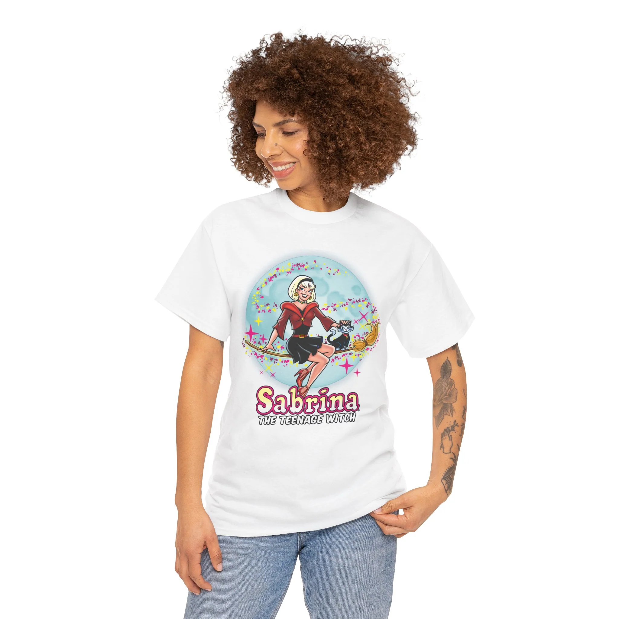 Sabrina The Teenage Witch on Broom Modern Design Graphic Tee (Unisex Heavy Cotton Tee) with Salem - Image 15