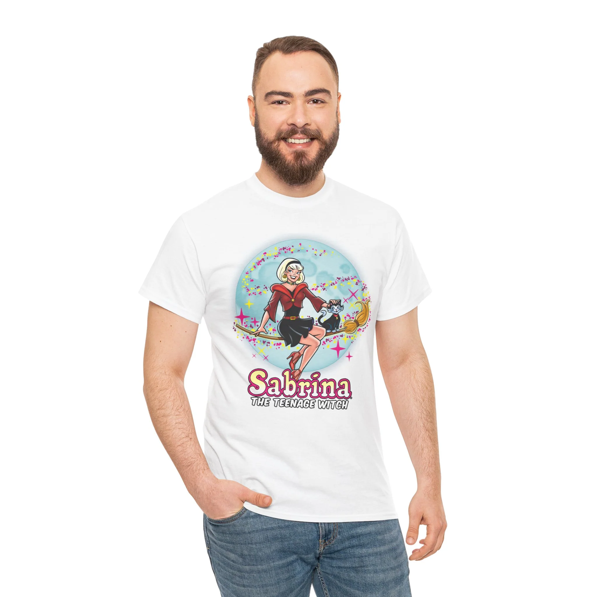 Sabrina The Teenage Witch on Broom Modern Design Graphic Tee (Unisex Heavy Cotton Tee) with Salem - Image 16