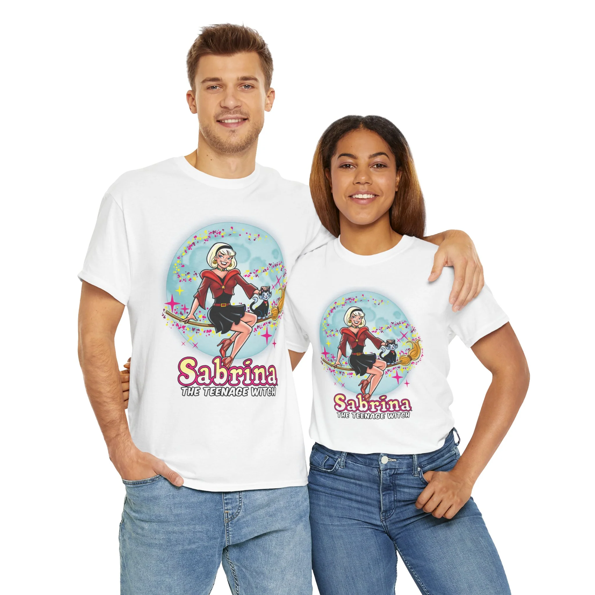 Sabrina The Teenage Witch on Broom Modern Design Graphic Tee (Unisex Heavy Cotton Tee) with Salem - Image 17