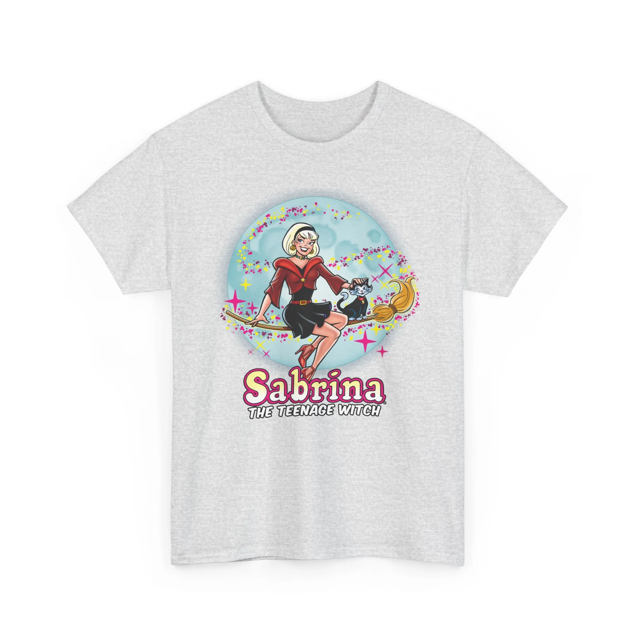 Sabrina The Teenage Witch on Broom Modern Design Graphic Tee (Unisex Heavy Cotton Tee) with Salem - Image 19