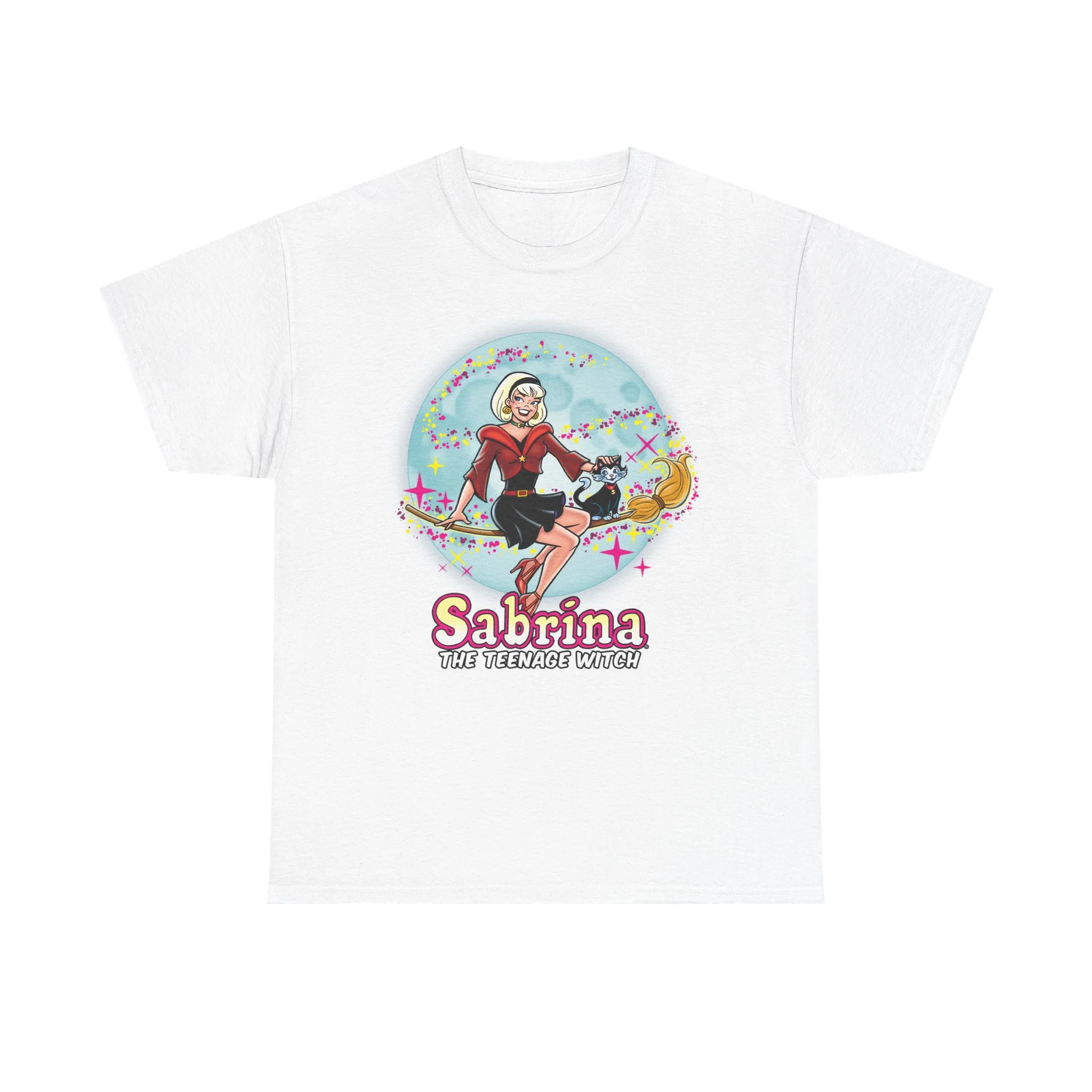 Sabrina The Teenage Witch on Broom Modern Design Graphic Tee (Unisex Heavy Cotton Tee) with Salem - Image 2