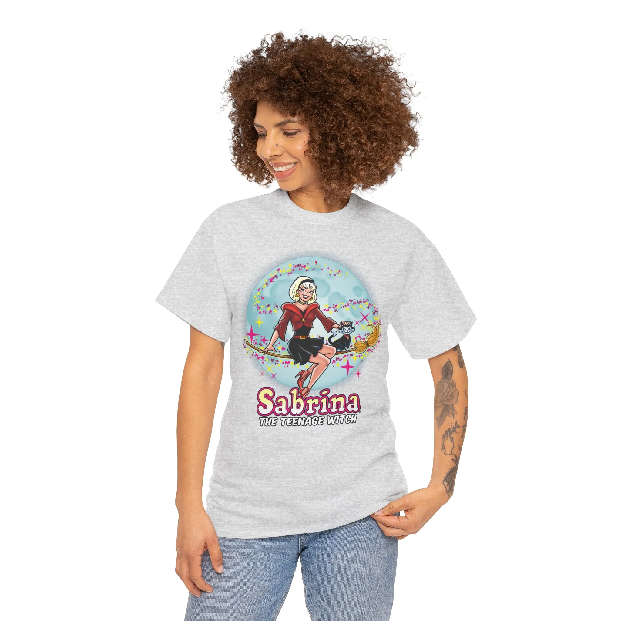 Sabrina The Teenage Witch on Broom Modern Design Graphic Tee (Unisex Heavy Cotton Tee) with Salem - Image 21
