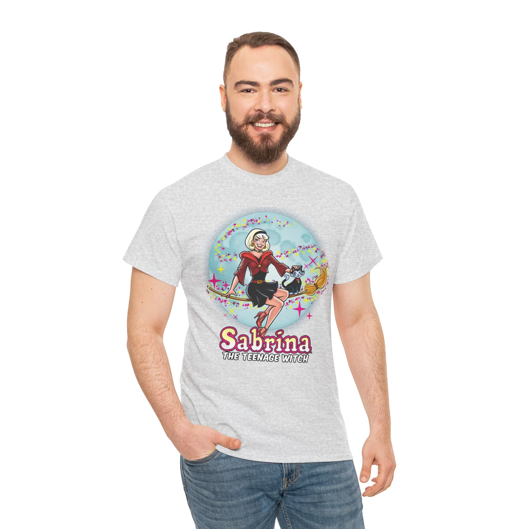 Sabrina The Teenage Witch on Broom Modern Design Graphic Tee (Unisex Heavy Cotton Tee) with Salem - Image 22