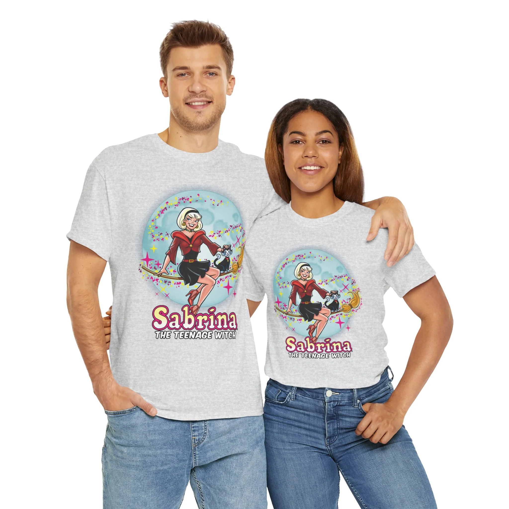 Sabrina The Teenage Witch on Broom Modern Design Graphic Tee (Unisex Heavy Cotton Tee) with Salem - Image 23