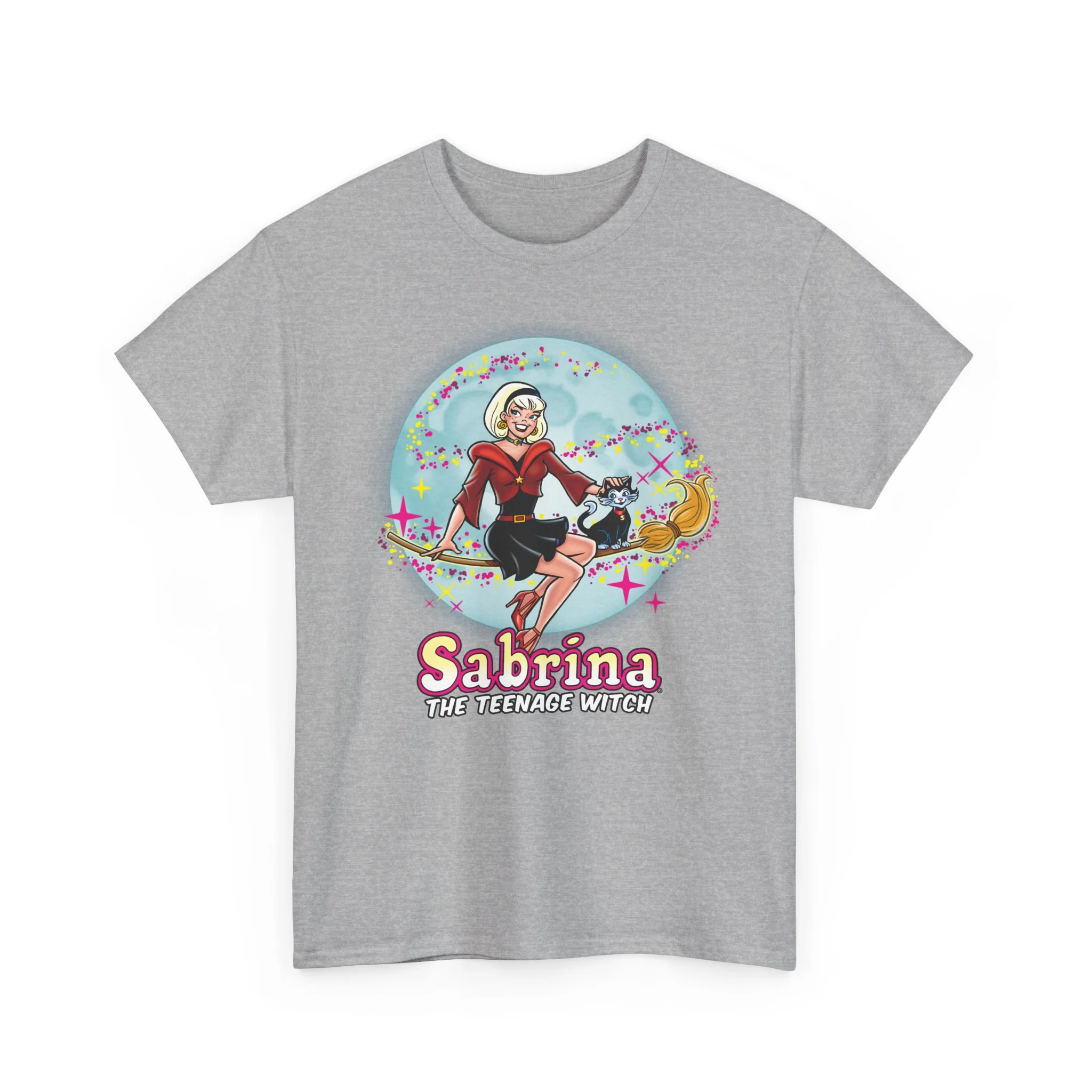 Sabrina The Teenage Witch on Broom Modern Design Graphic Tee (Unisex Heavy Cotton Tee) with Salem - Image 25