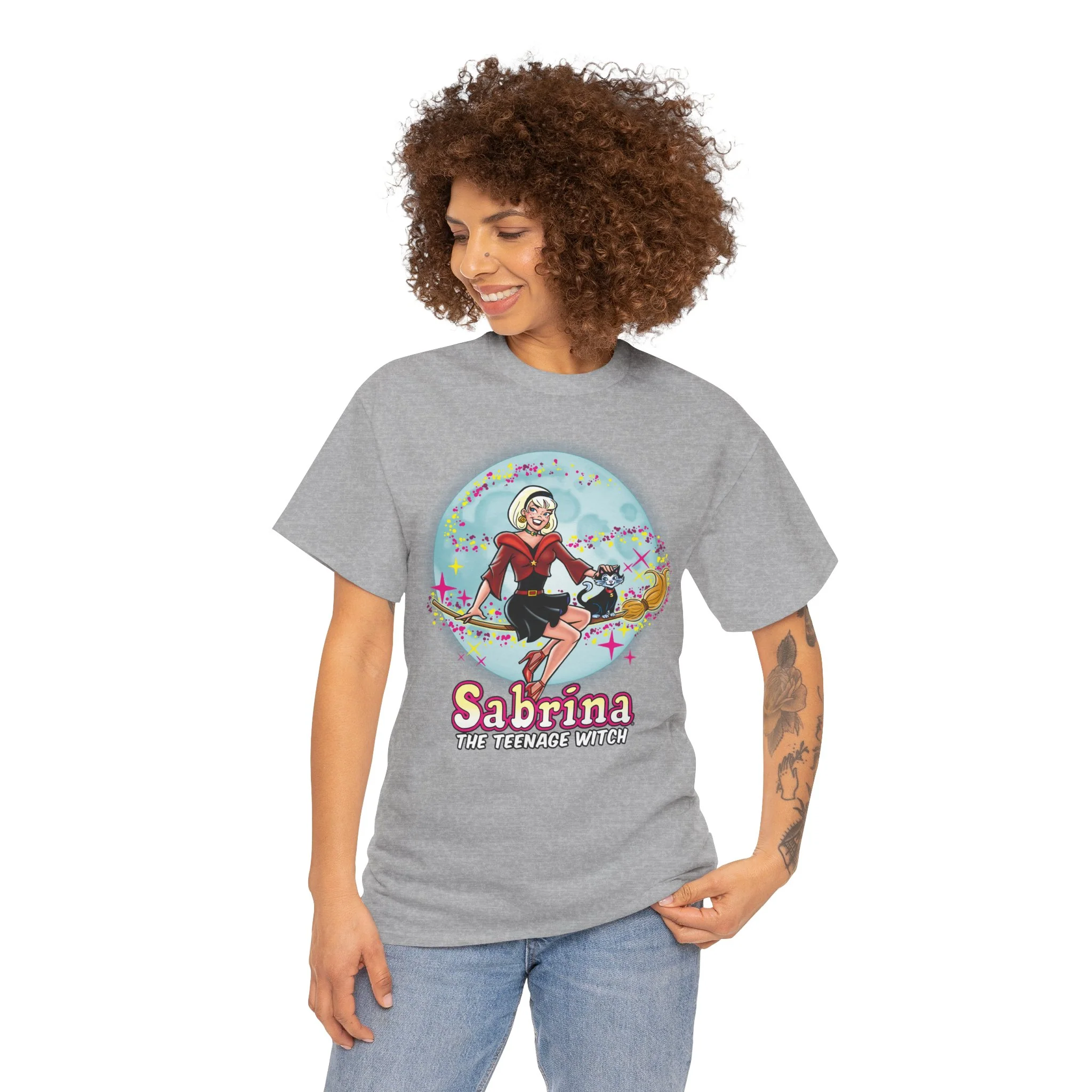 Sabrina The Teenage Witch on Broom Modern Design Graphic Tee (Unisex Heavy Cotton Tee) with Salem - Image 27