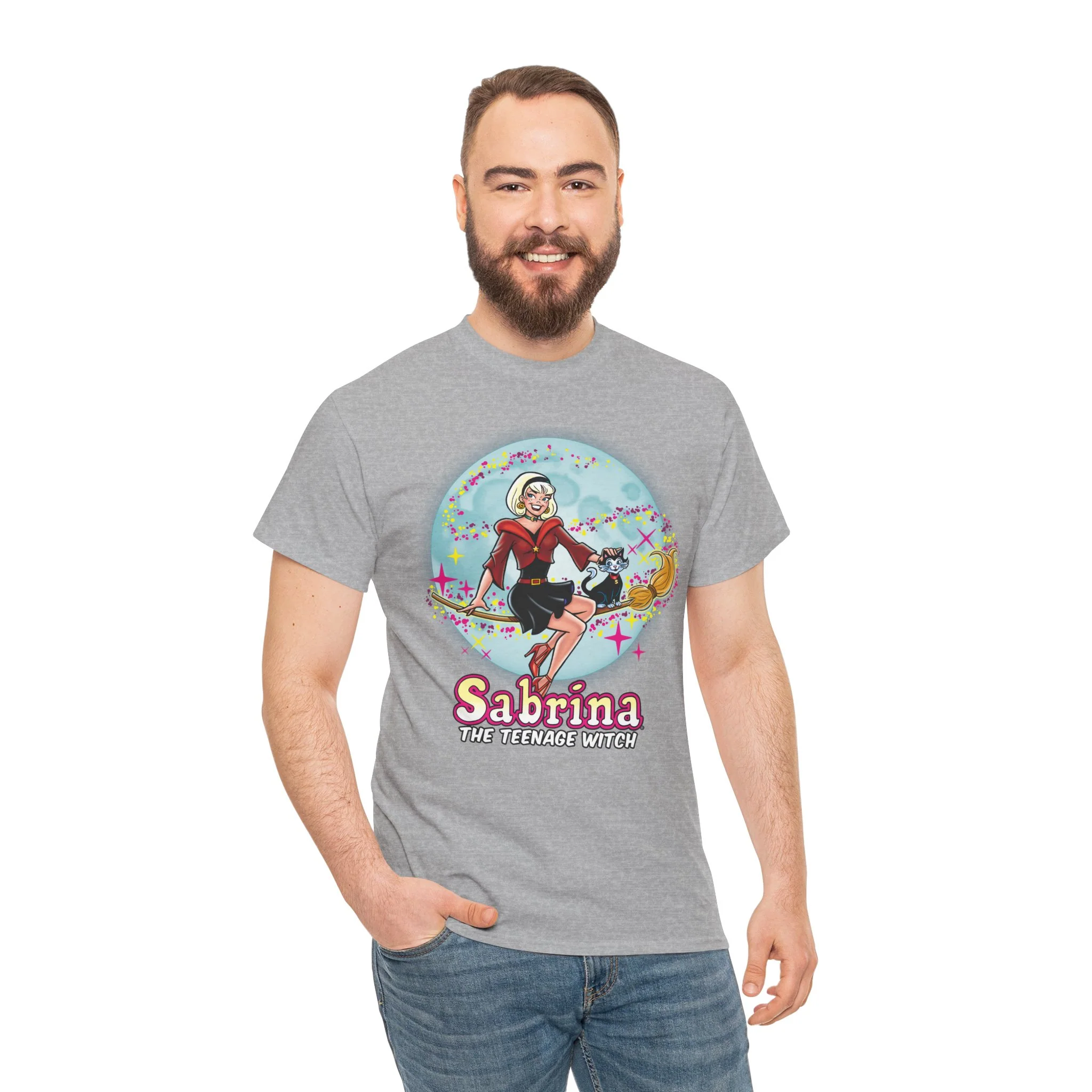 Sabrina The Teenage Witch on Broom Modern Design Graphic Tee (Unisex Heavy Cotton Tee) with Salem - Image 28
