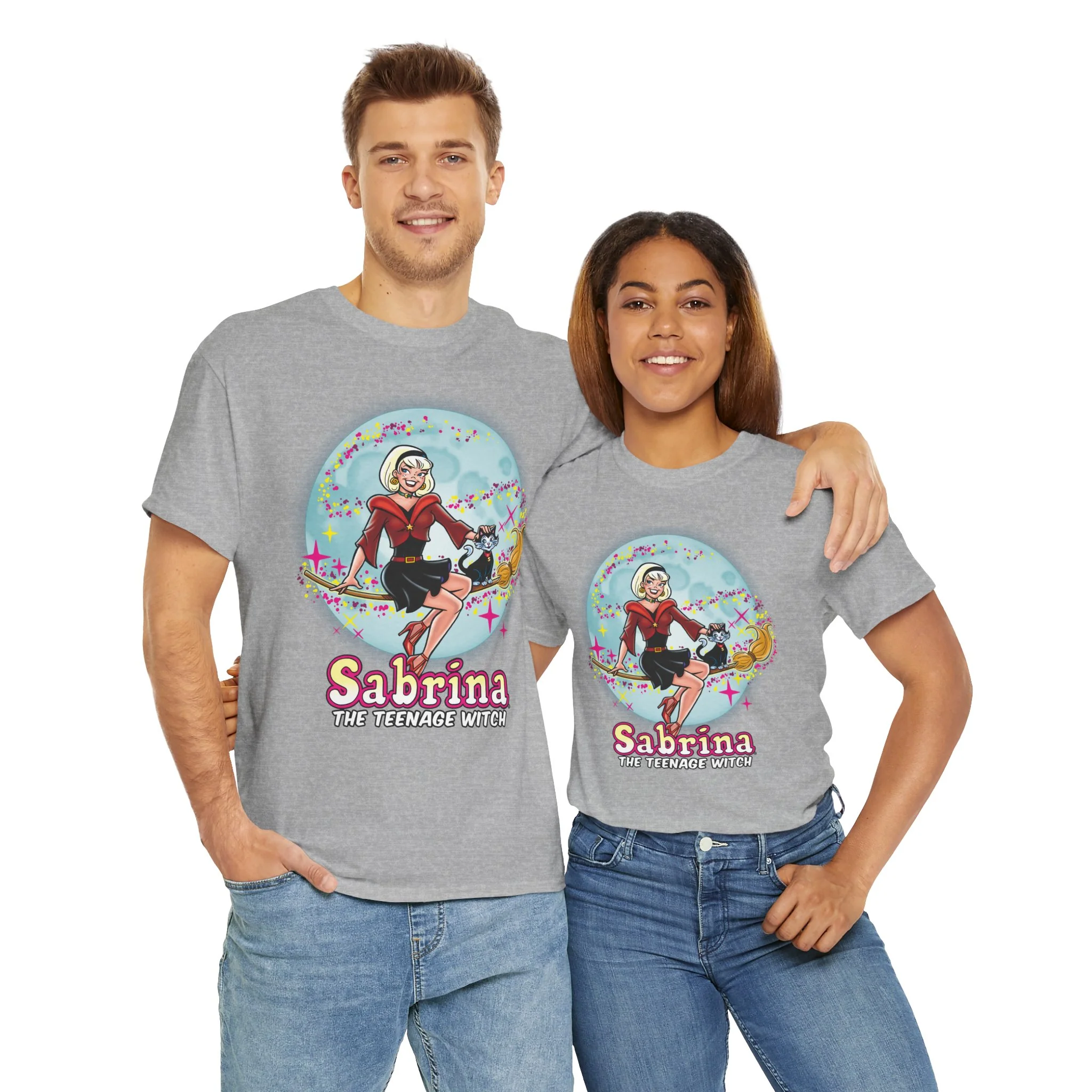 Sabrina The Teenage Witch on Broom Modern Design Graphic Tee (Unisex Heavy Cotton Tee) with Salem - Image 29