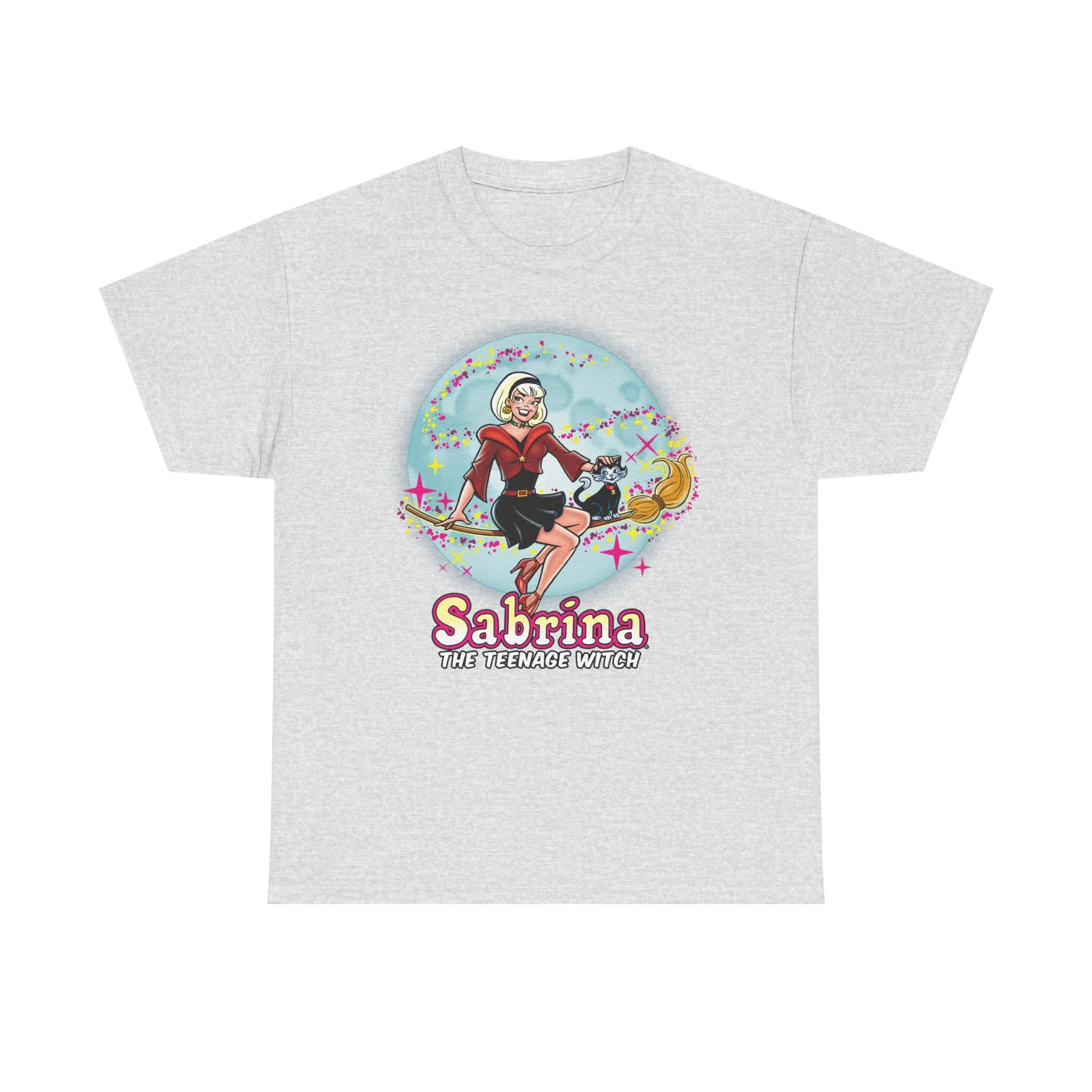 Sabrina The Teenage Witch on Broom Modern Design Graphic Tee (Unisex Heavy Cotton Tee) with Salem - Image 3