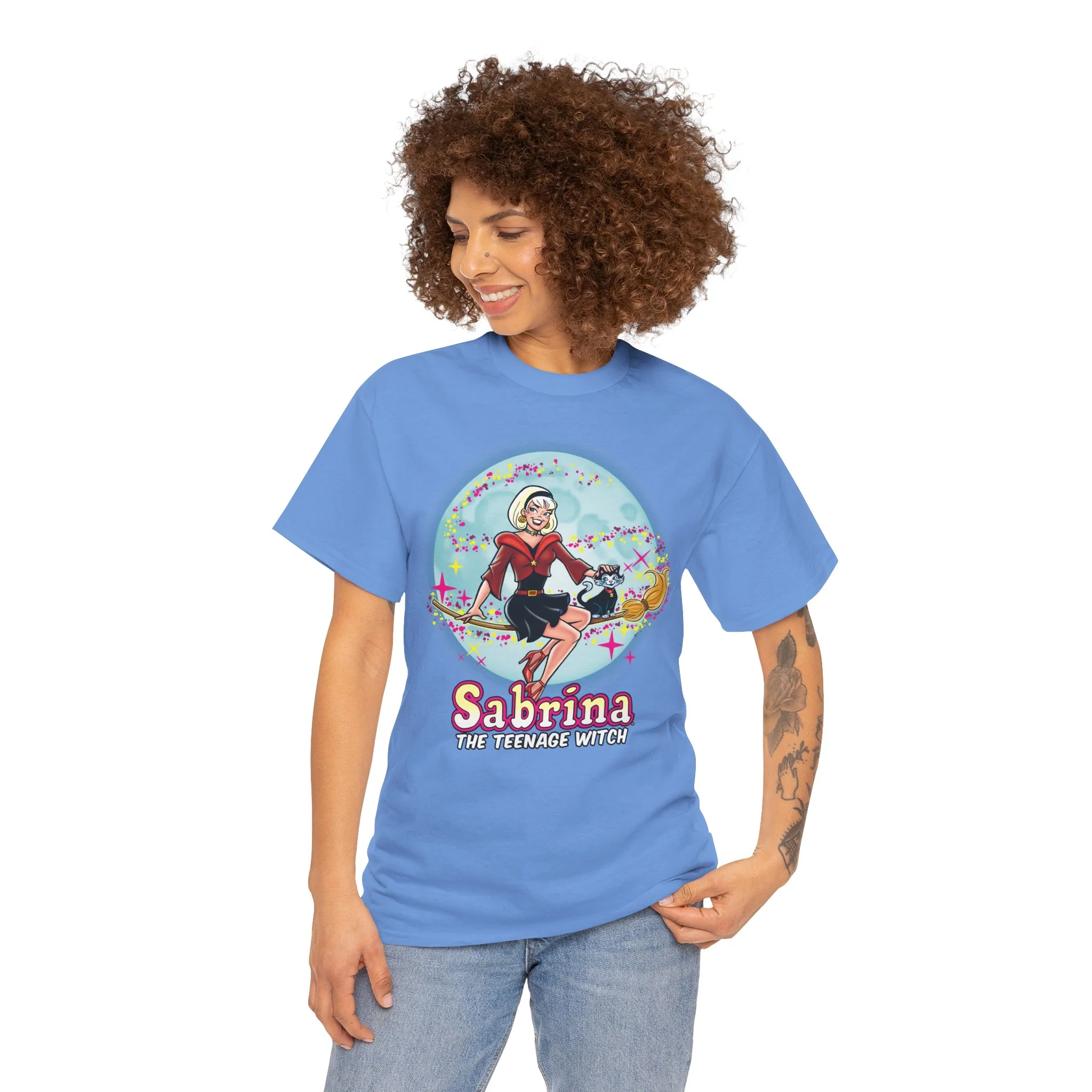 Sabrina The Teenage Witch on Broom Modern Design Graphic Tee (Unisex Heavy Cotton Tee) with Salem - Image 33