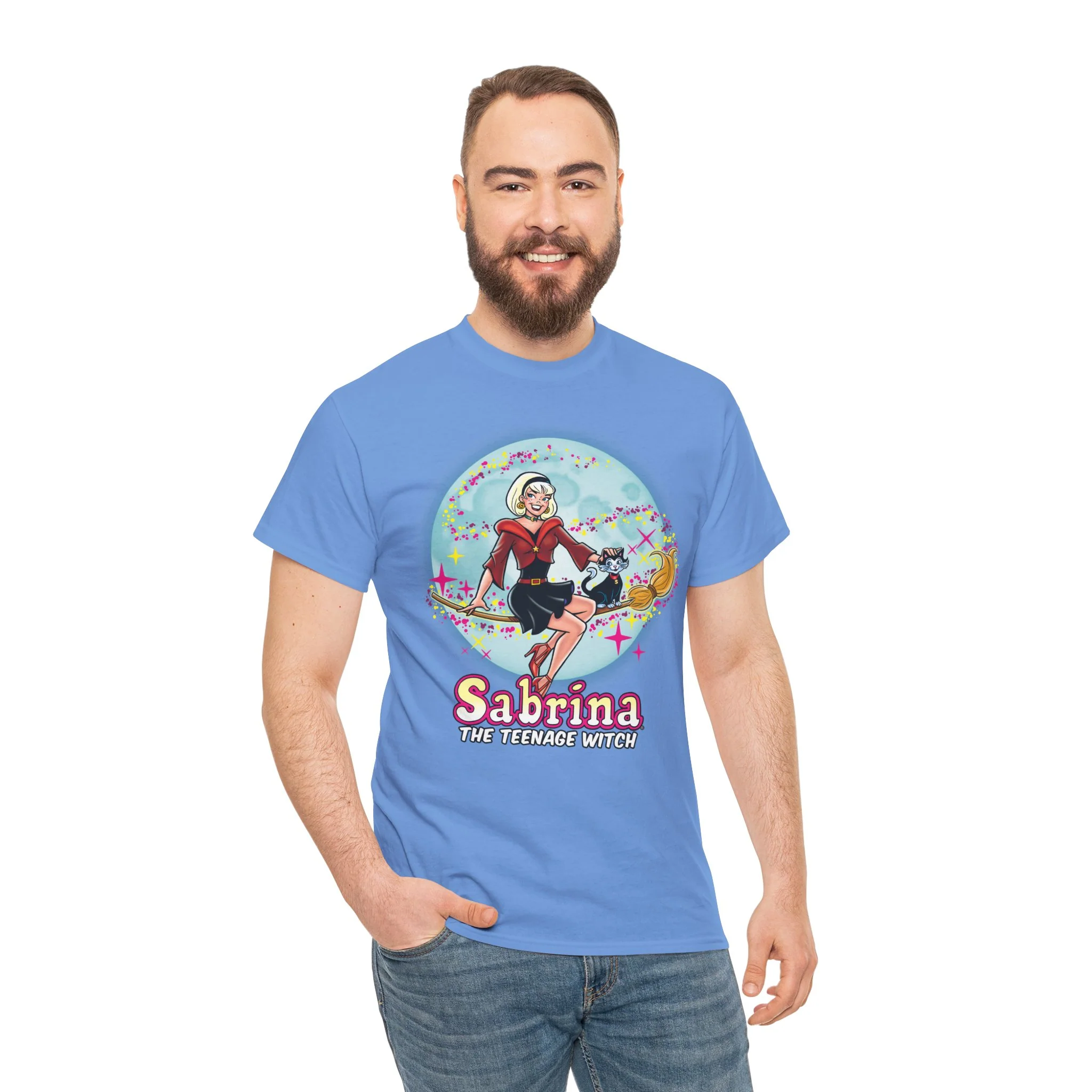 Sabrina The Teenage Witch on Broom Modern Design Graphic Tee (Unisex Heavy Cotton Tee) with Salem - Image 34