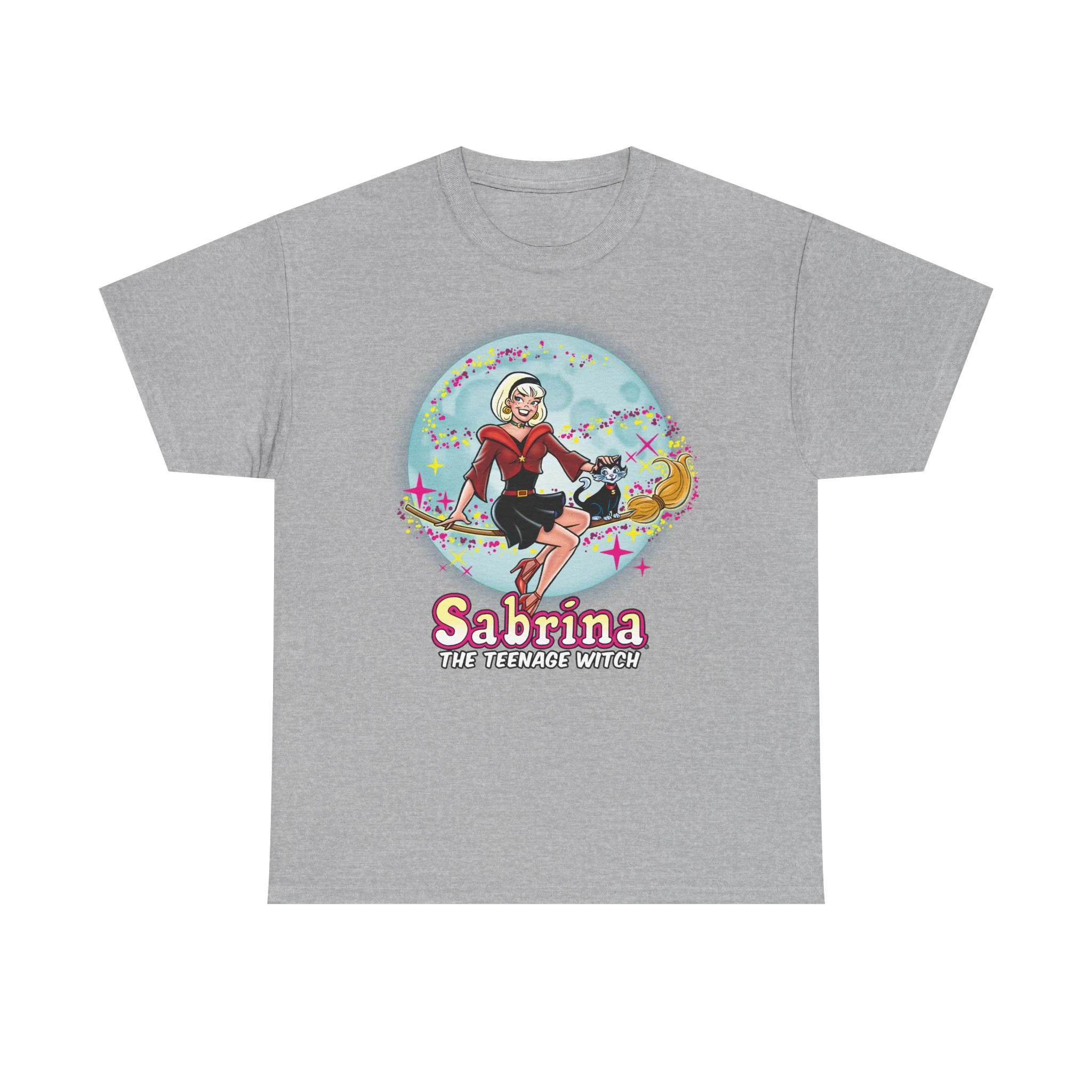Sabrina The Teenage Witch on Broom Modern Design Graphic Tee (Unisex Heavy Cotton Tee) with Salem - Image 4