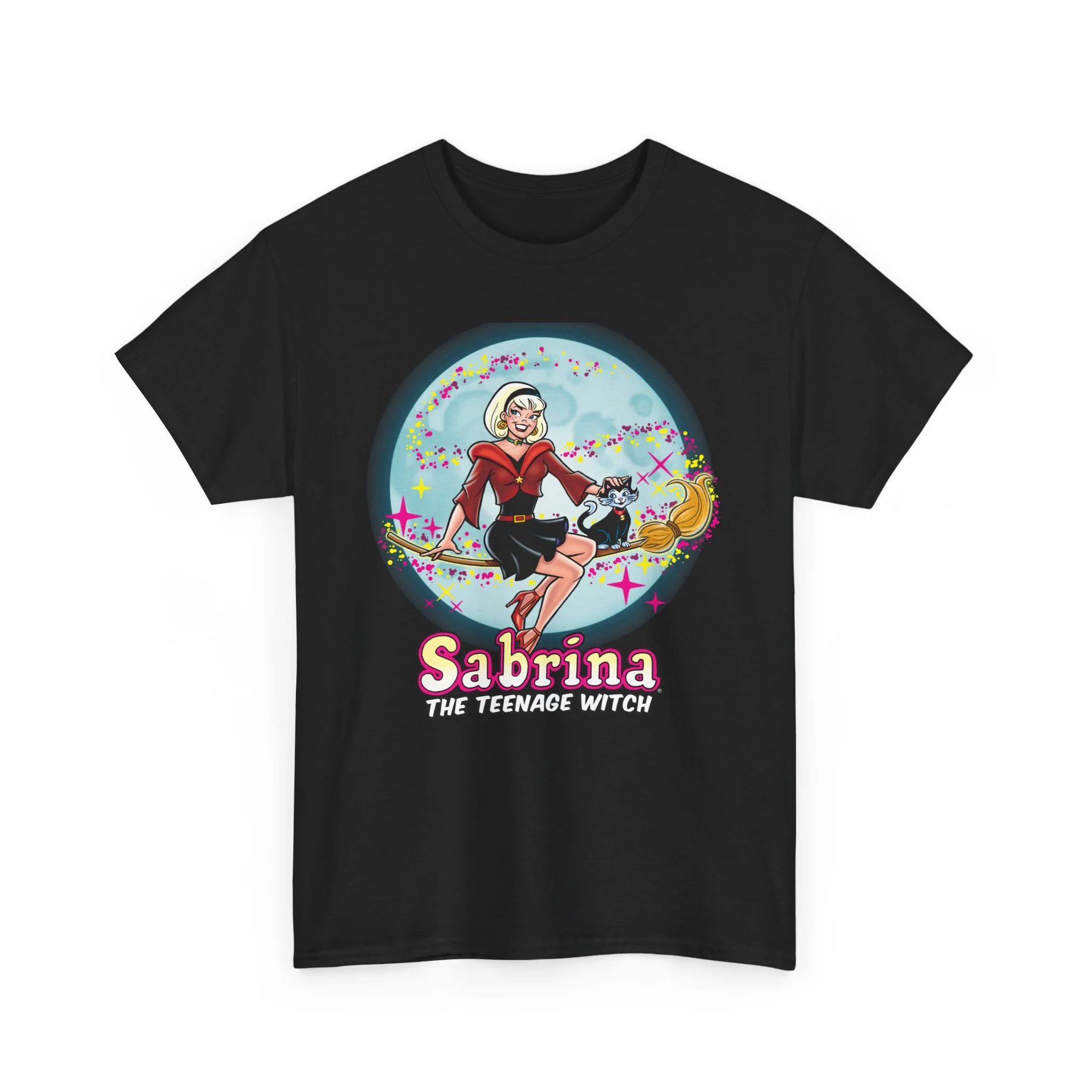 Sabrina The Teenage Witch on Broom Modern Design Graphic Tee (Unisex Heavy Cotton Tee) with Salem - Image 7