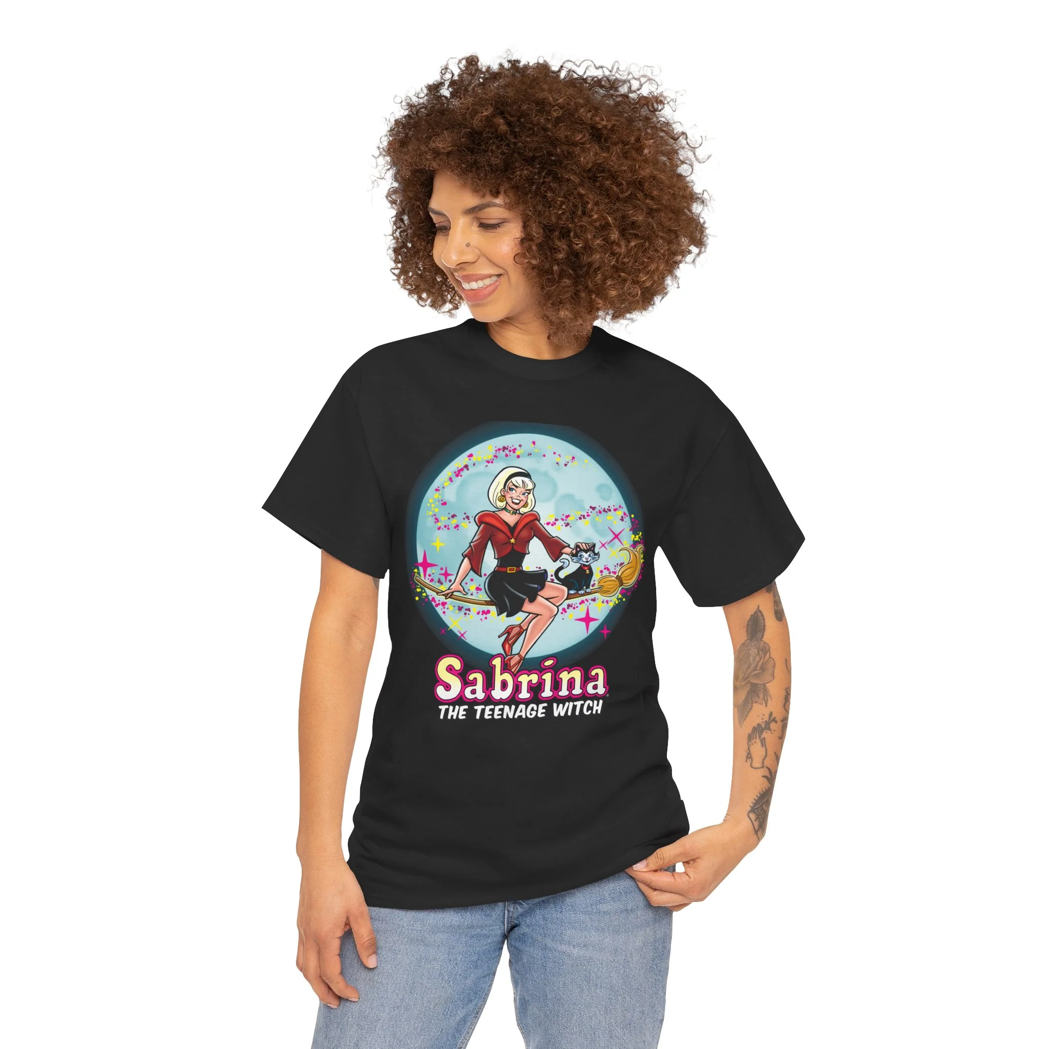 Sabrina The Teenage Witch on Broom Modern Design Graphic Tee (Unisex Heavy Cotton Tee) with Salem - Image 9