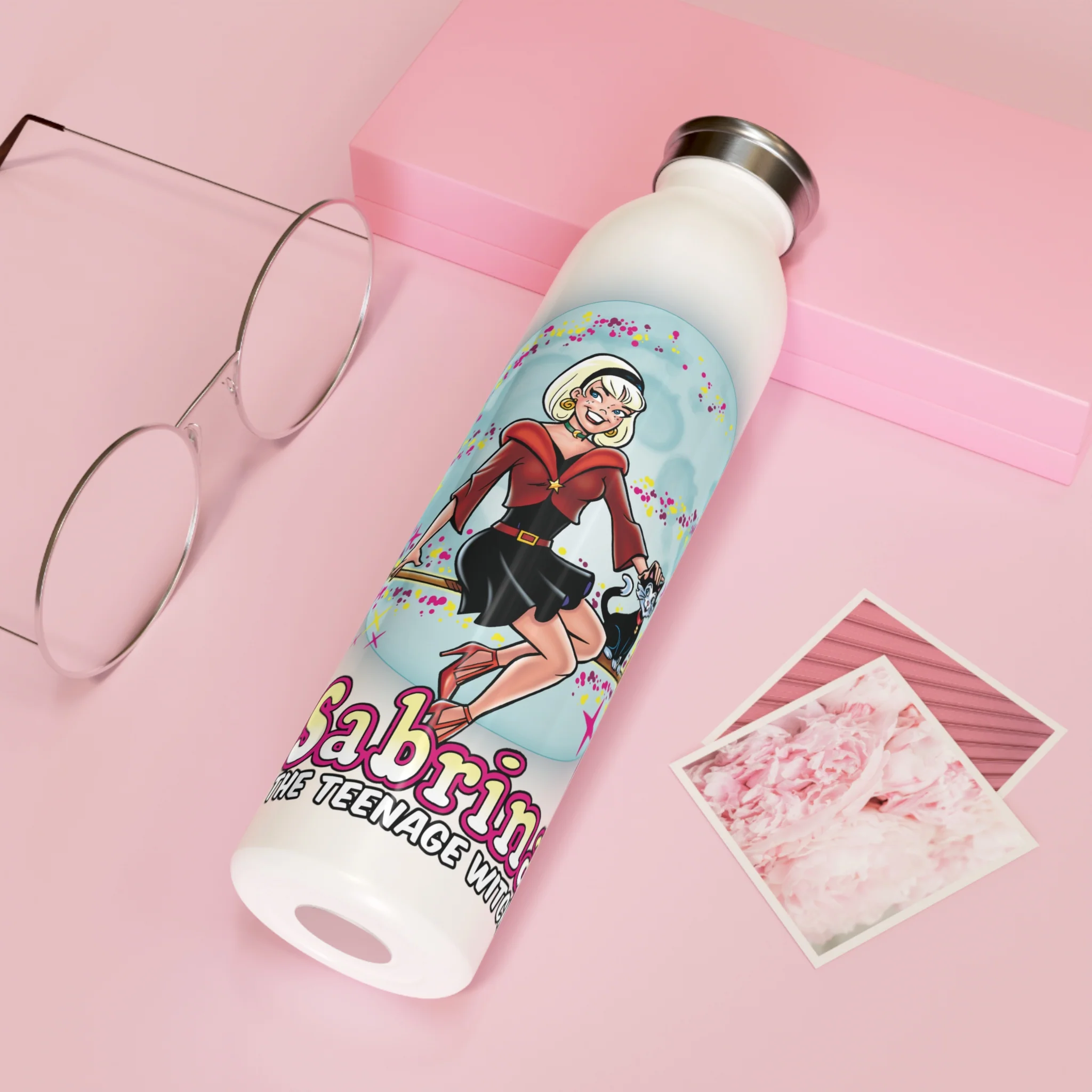 Sabrina The Teenage Witch on Broom Modern Design Stainless Steal 20oz Slim Water Bottle with Salem - Image 7